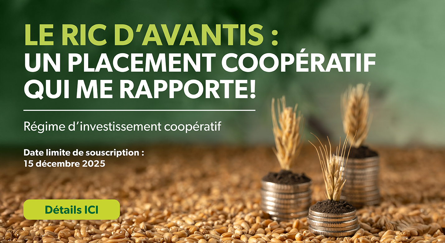 Bannière du Régime d'investissement coopératif d'Avantis, représentant la croissance financière à l'aide de piles de sous de plus en plus hautes.